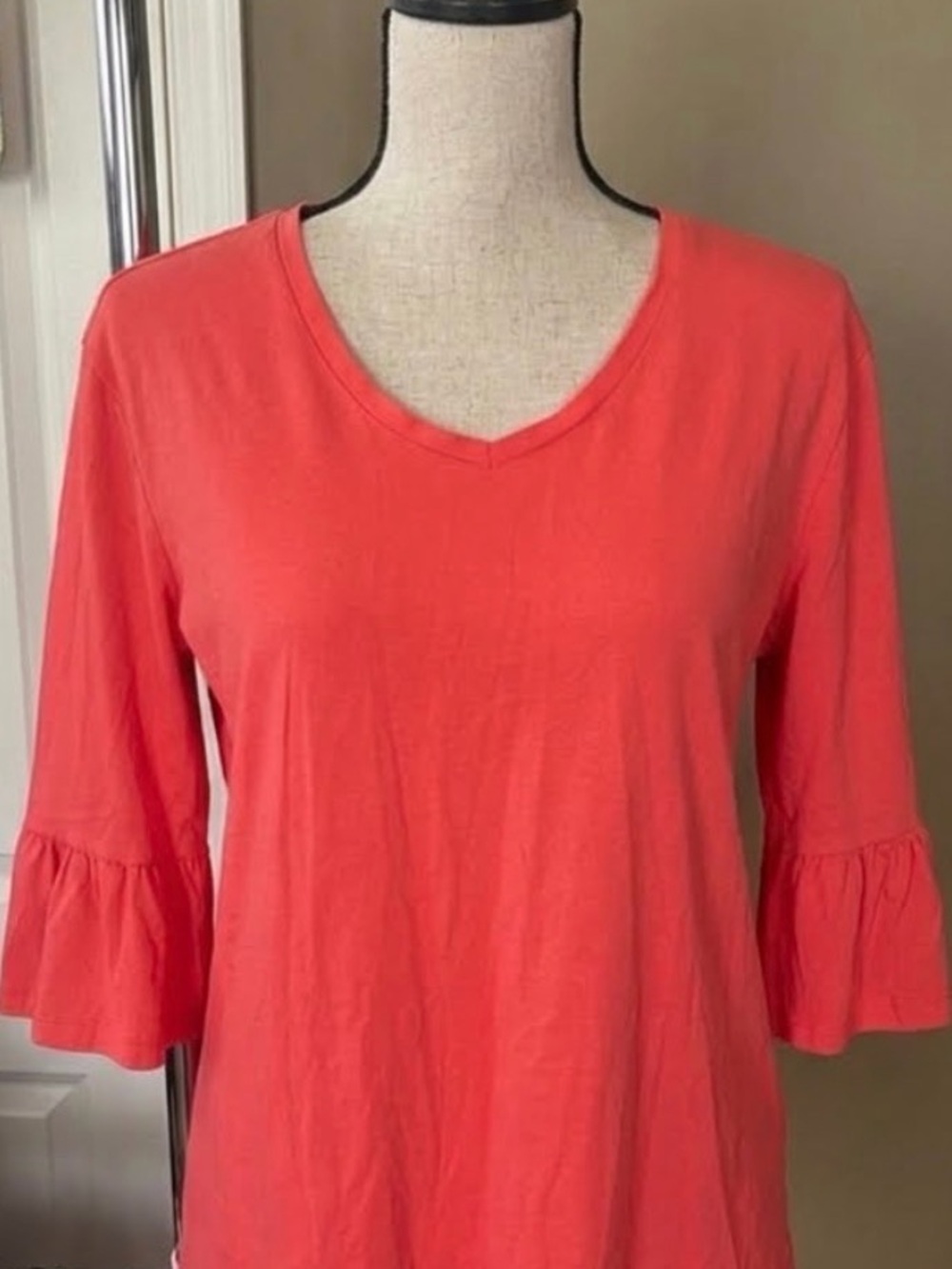 Roaman's Pink and Red Asymmetrical Ruffled Blouse